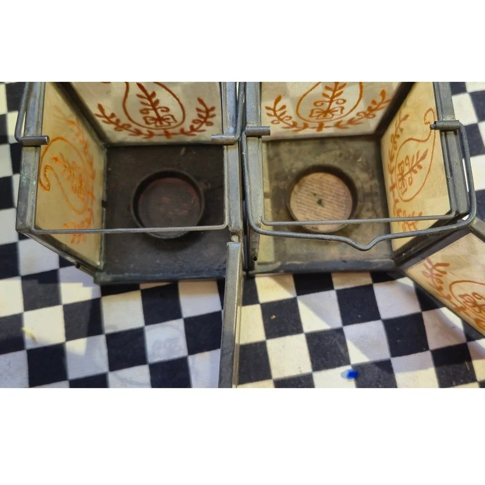 Vintage Boho‎ Metal Glass Paisley Embroidered Tea Light Lanterns Set of 2 Black
